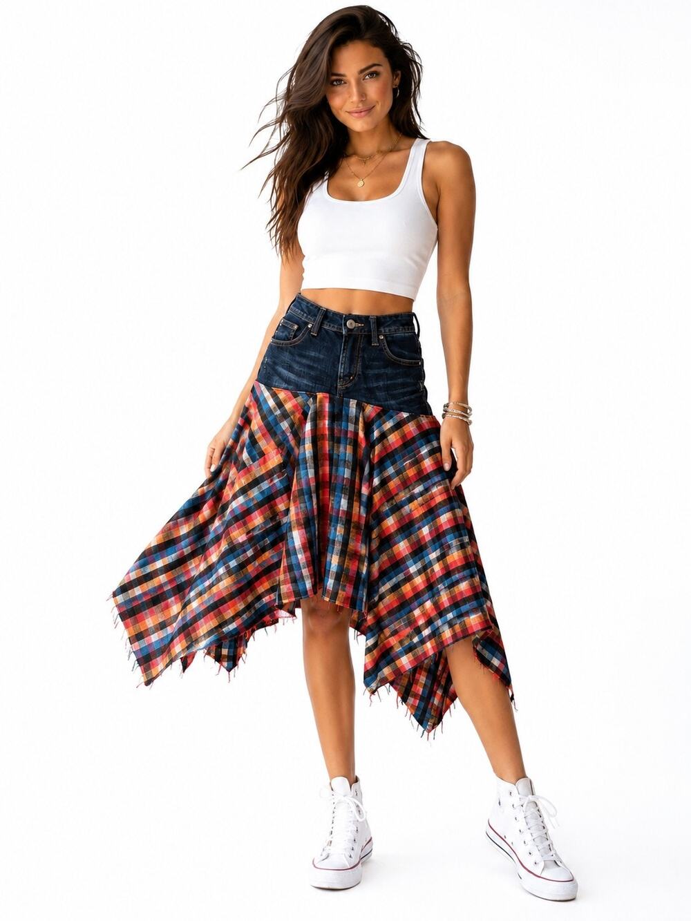Upcycled Jeans Co Reworked Denim Skirt Plaid Flannel Hanky Hem Grunge Sz 25/6"